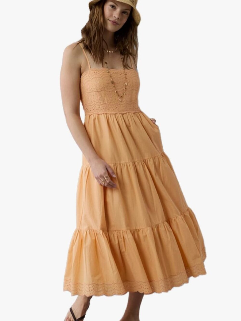 American Eagle scalloped tiered midi dress peach Smocked Eyelet Boho sz XXL